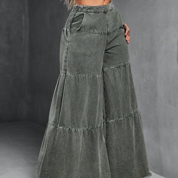 Army Green Women's Loose Boyfriend Style Distressed Hem Patchwork Denim Jeans - Picture 6 of 9